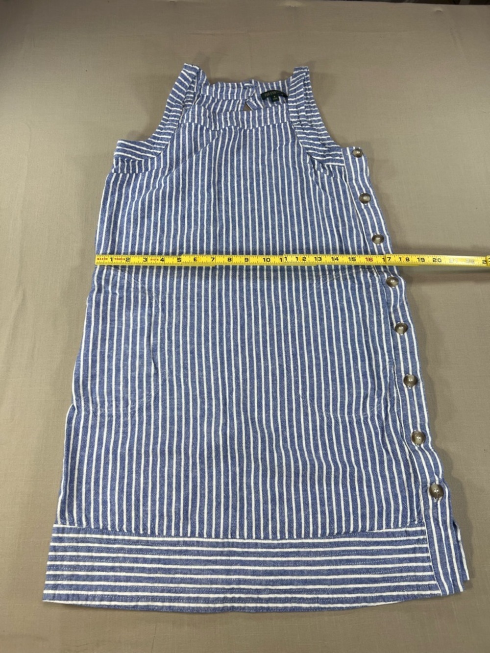 For Cynthia Women’s Blue White Stripe Linen Sleeveless Shift Dress Side Buttons - Picture 7 of 16